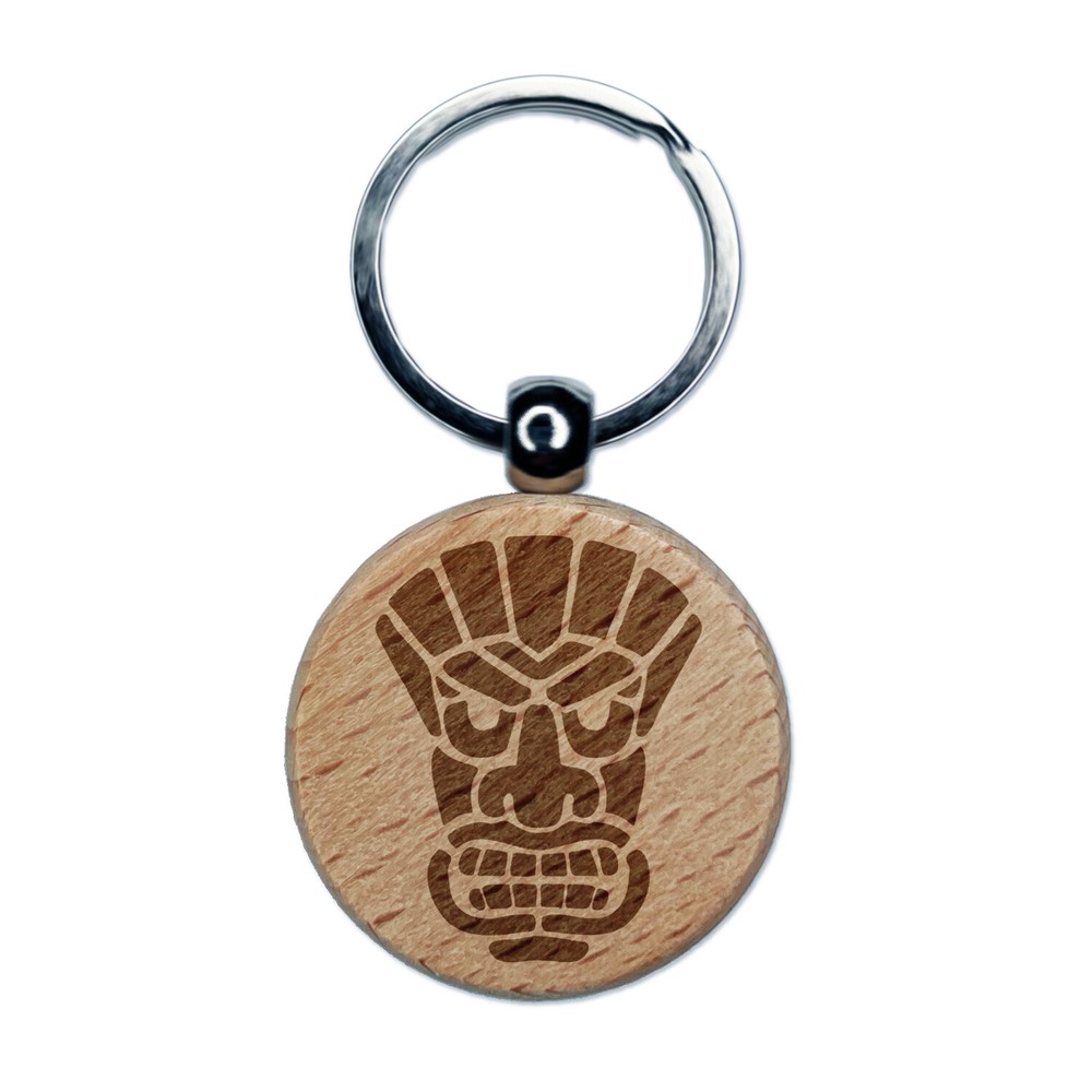 Tiki Mask Hawaii Luau Engraved Wood Round Keychain Tag Charm