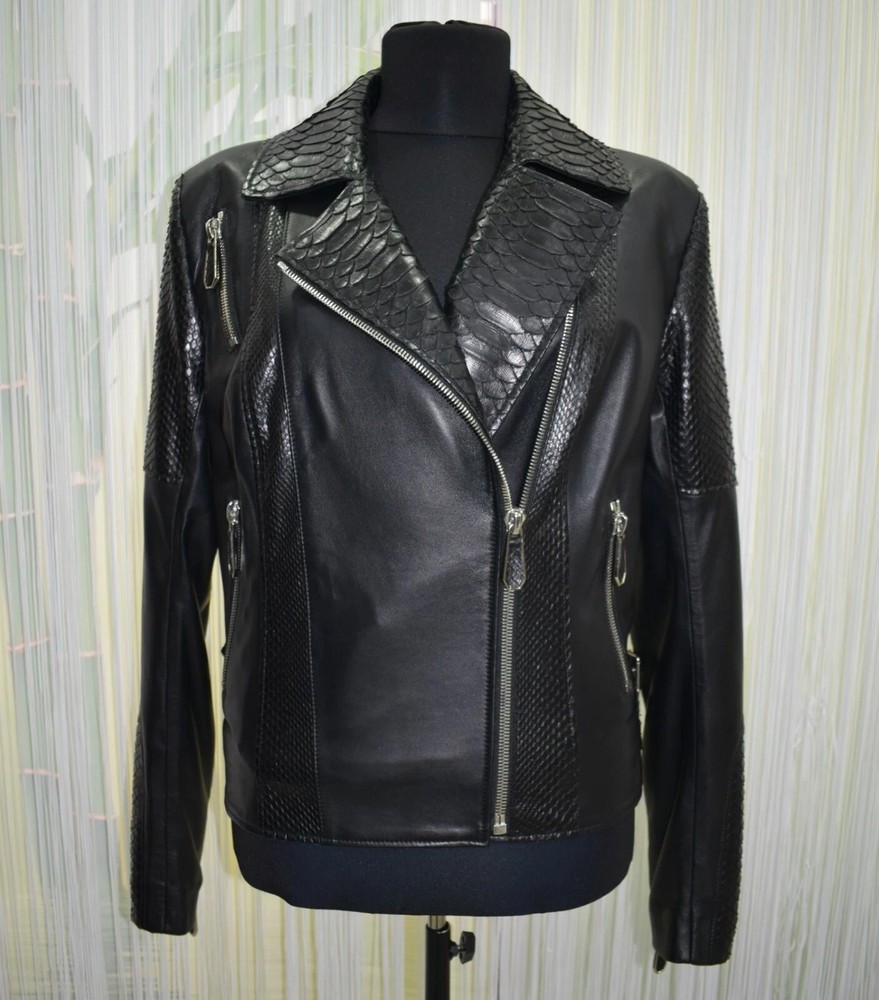 Men’s Black Real Leather Biker Jacket with Python Snakeskin Print