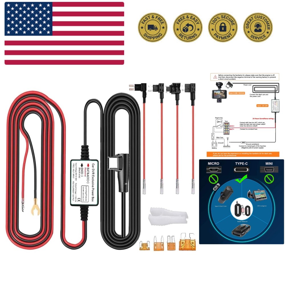 Dash Cam Hardwire Kit, Type C USB Hard Wire Kit 12V-24V to 5V Hardwire Kit wi...