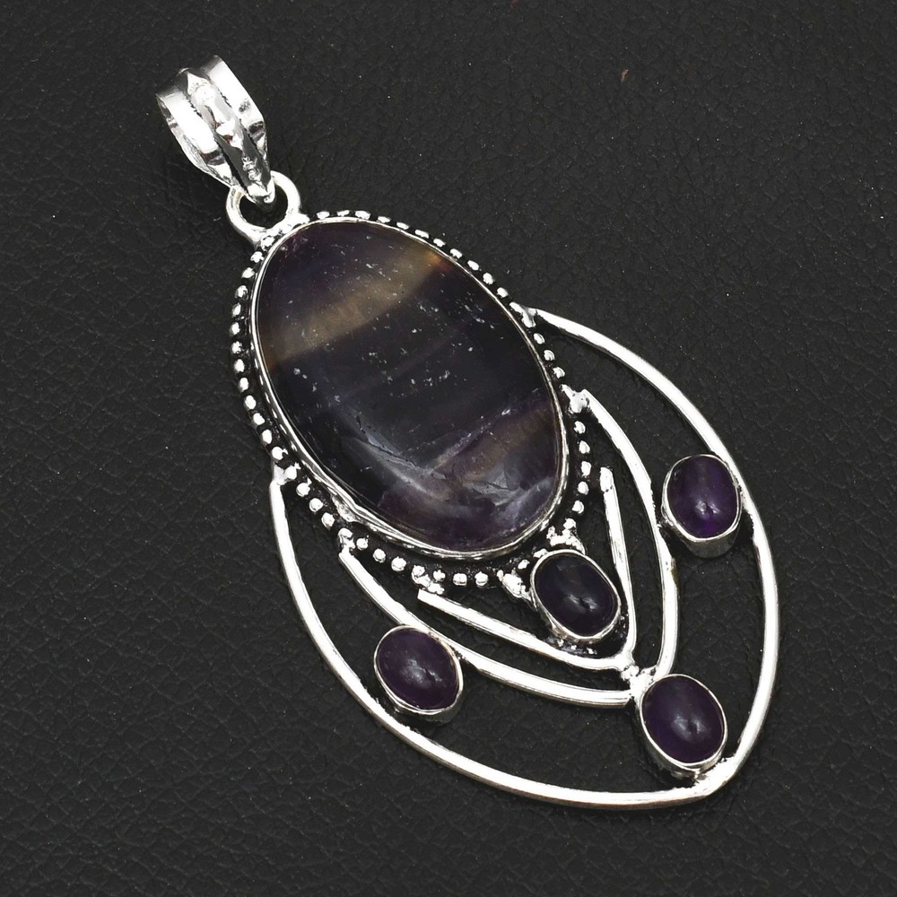 Fluorite Amethyst Gemstone Handmade Ethnic Pendant Necklace Gift 2.96 Inches AP-42558