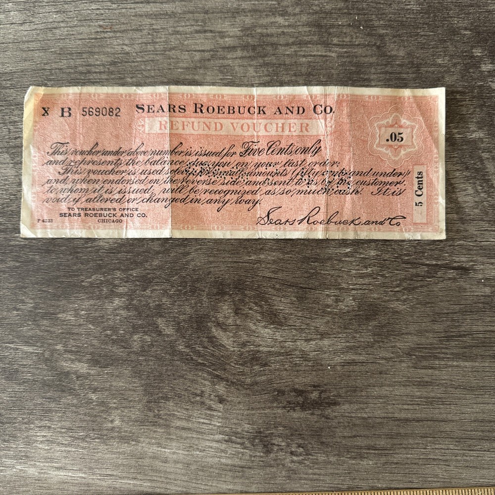 Vintage Ephemera Paper Sears Roebuck and Co 5¢ Refund Voucher Certificate-image