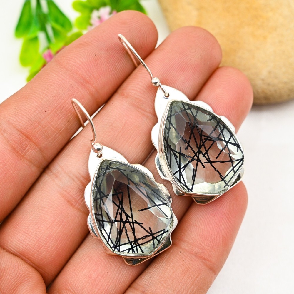 Black Rutile Dangle Earrings 925 Sterling Silver Gemstone Handmade Jewelry Gift
