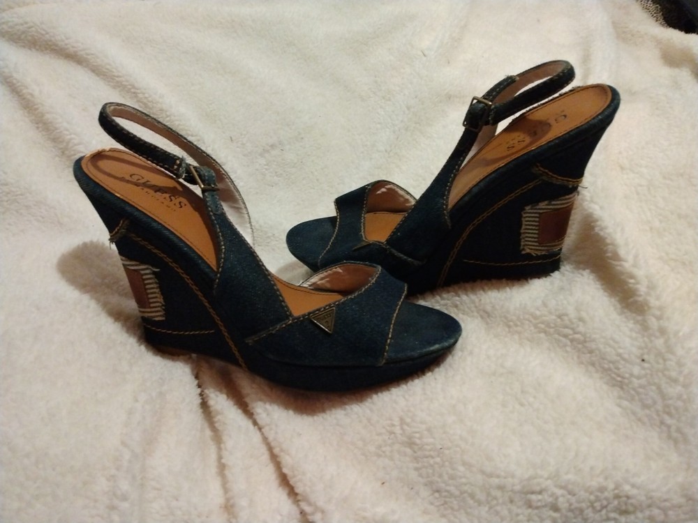 Vintage Guess Denim wedge heels gold charms a size 7 y2k 90s