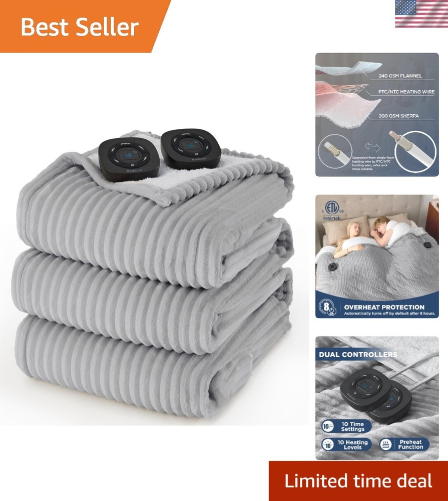 King Size Electric Blanket - Soft Ribbed Flannel Heated Throw with Dual Controls