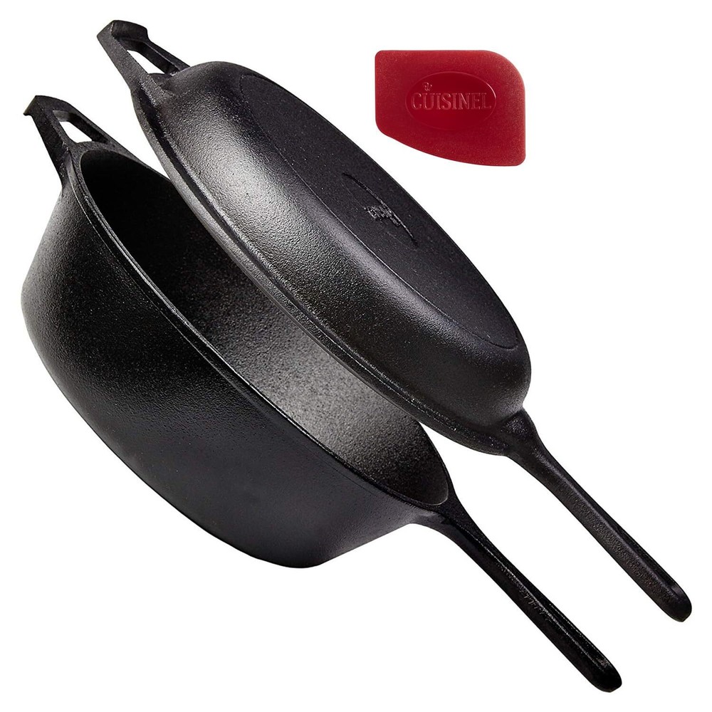Cast Iron Skillet + Lid - 2-In-1 Multi Cooker - Deep Pot + Frying Pan - 3-Qt ...