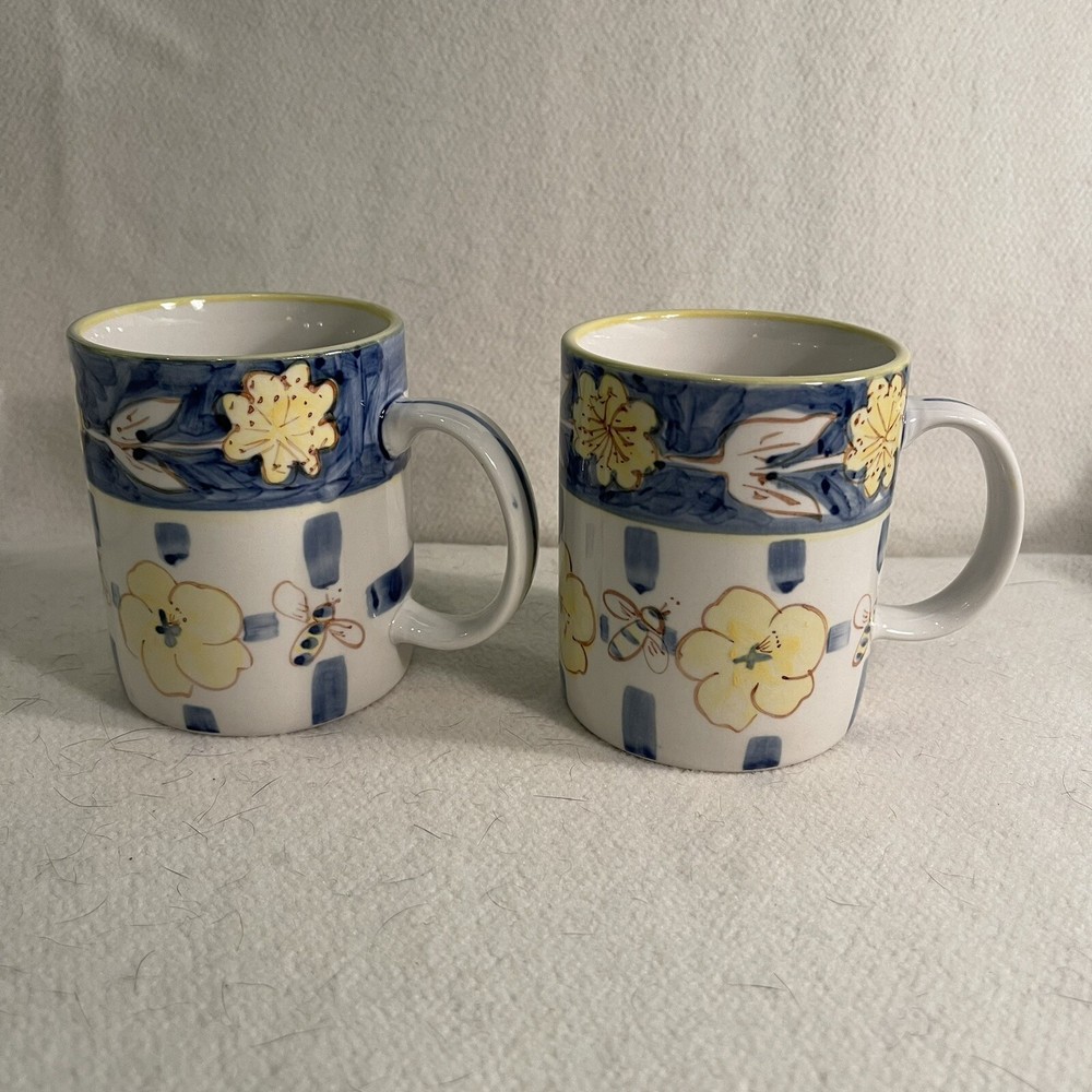 Honey Bee Handpainted Ceramic Mugs Blue Yellow Bee Flower Design Set 2