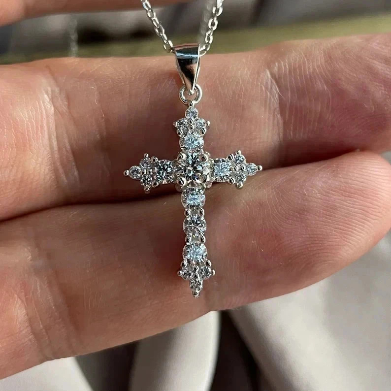 2 Ct Round Cut White Moissanite Cross Women Pendant 14K White Gold Plated