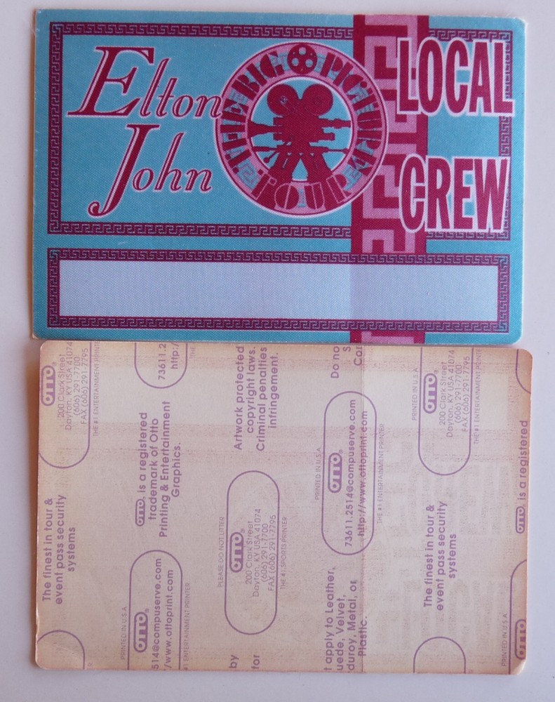 Elton John Big Picture 1998 Concert Tour Blue Crew Backstage Pass D23