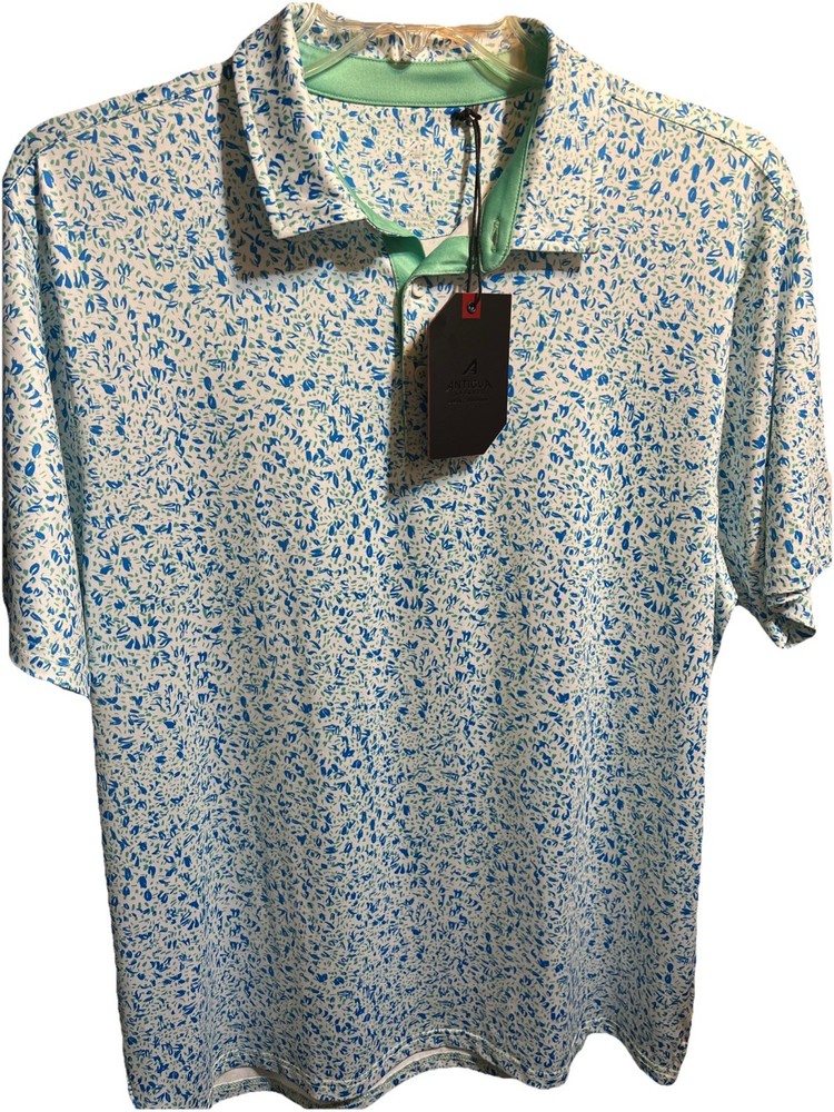 Antigua Men’s L Blue White Short Sleeve Golf Polo Shirt Polyester Blend NWT