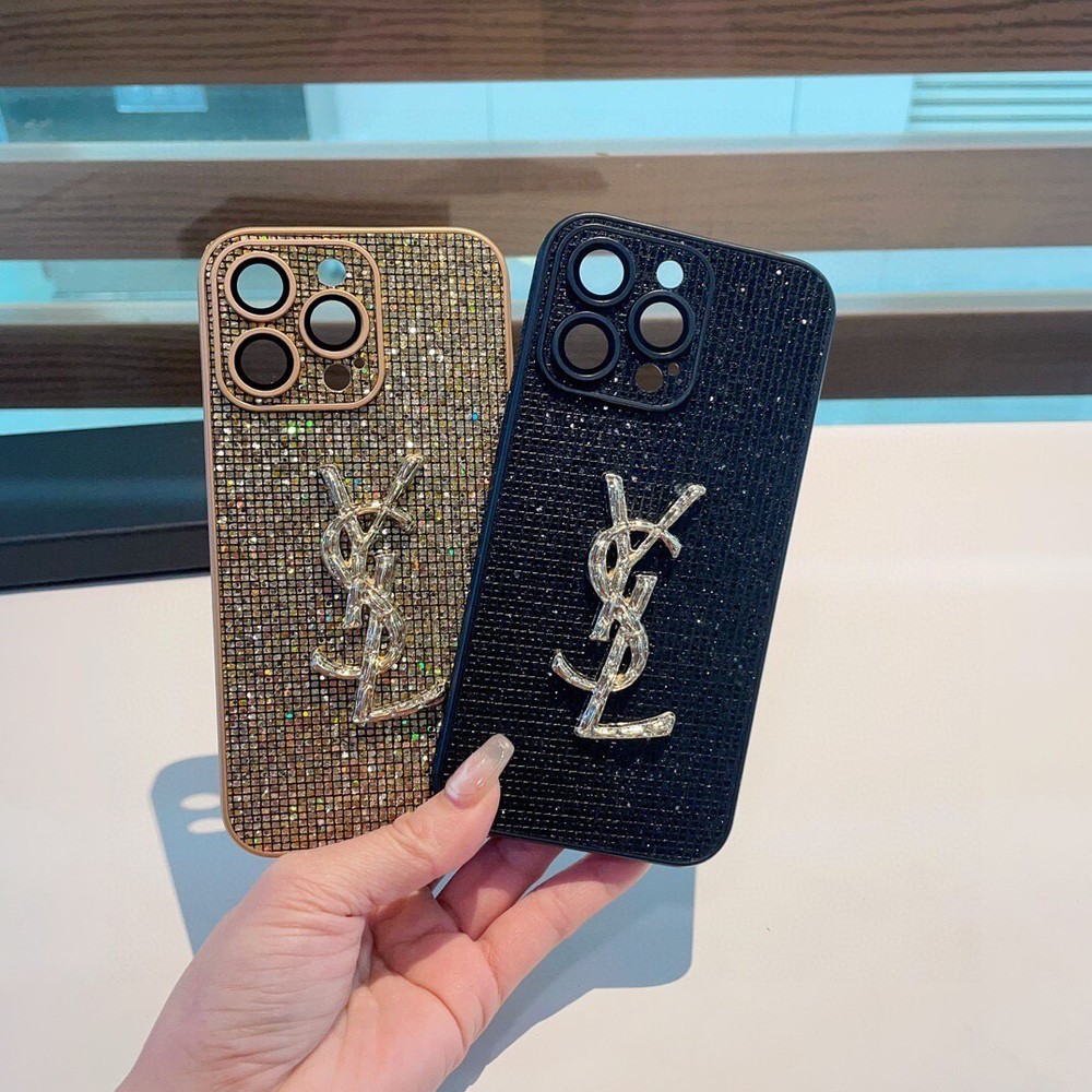 YSL phone case suitable for iPhone 16/15  black  gold Water Diamond  inlay