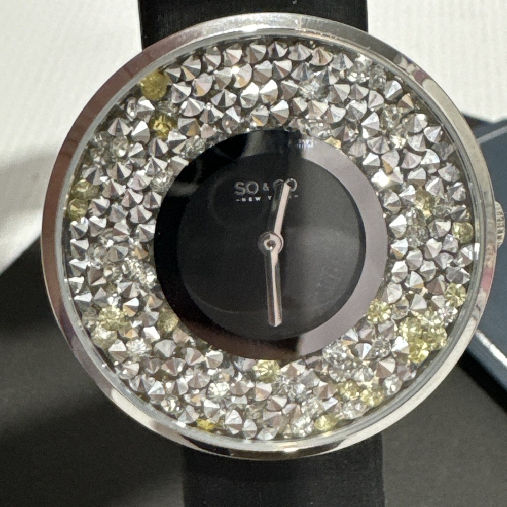 SO&CO New York Womens Crystal Studded Leather Strap Quartz Watch New in Box