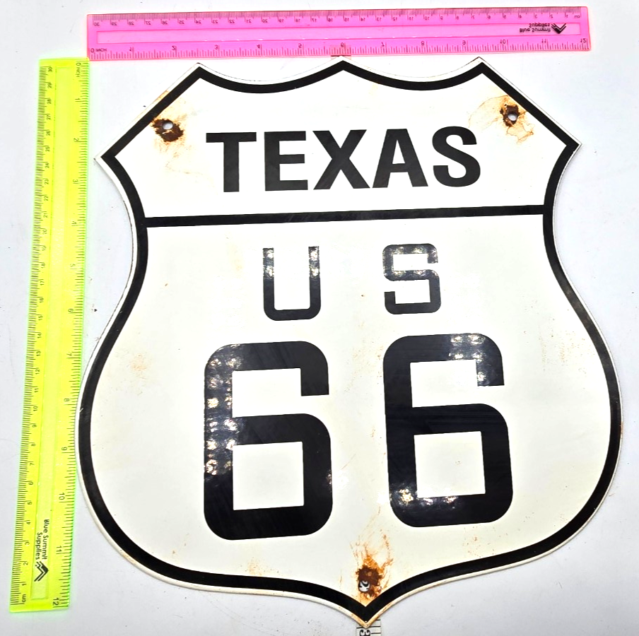 VINTAGE US ROUTE 66 TEXAS PORCELAIN METAL HIGHWAY SIGN GAS OIL ROAD SHIELD
