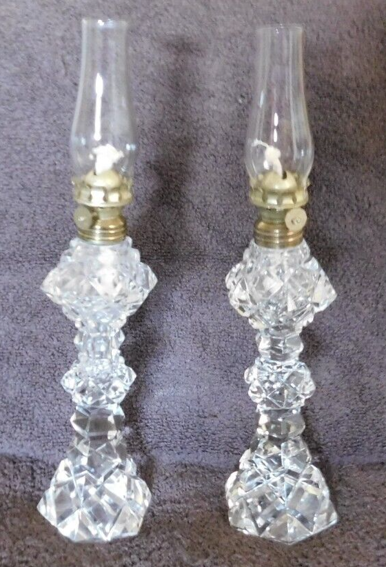 Vintage Set of 2 Cut Glass Crystal Kerosene Oil Lamps 