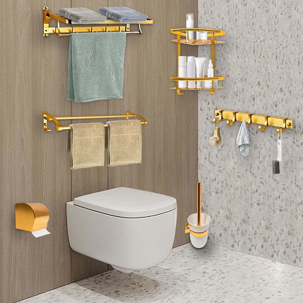 Gold Wall-Mounted Bathroom Set with Toilet Brush & Towel Rack