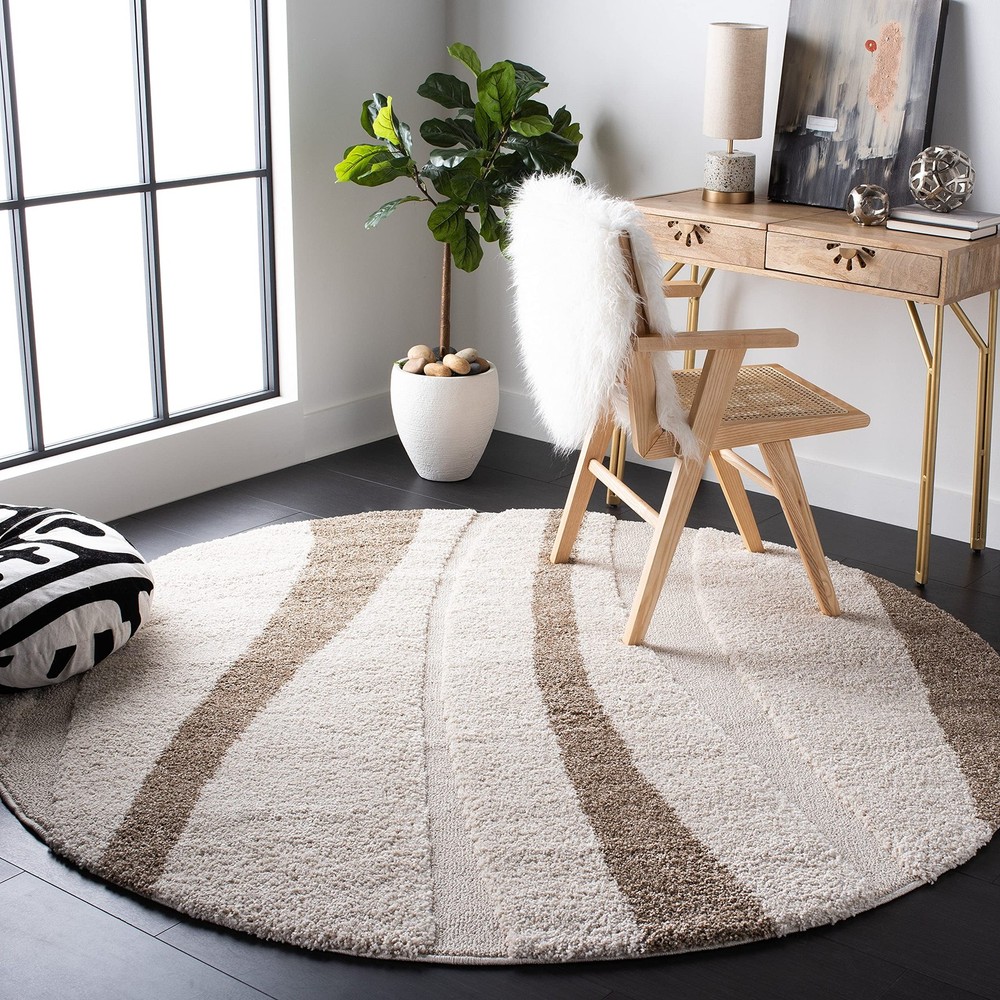 SAFAVIEH Florida Shag 5ft Round Cream Brown Abstract Area Rug SG451