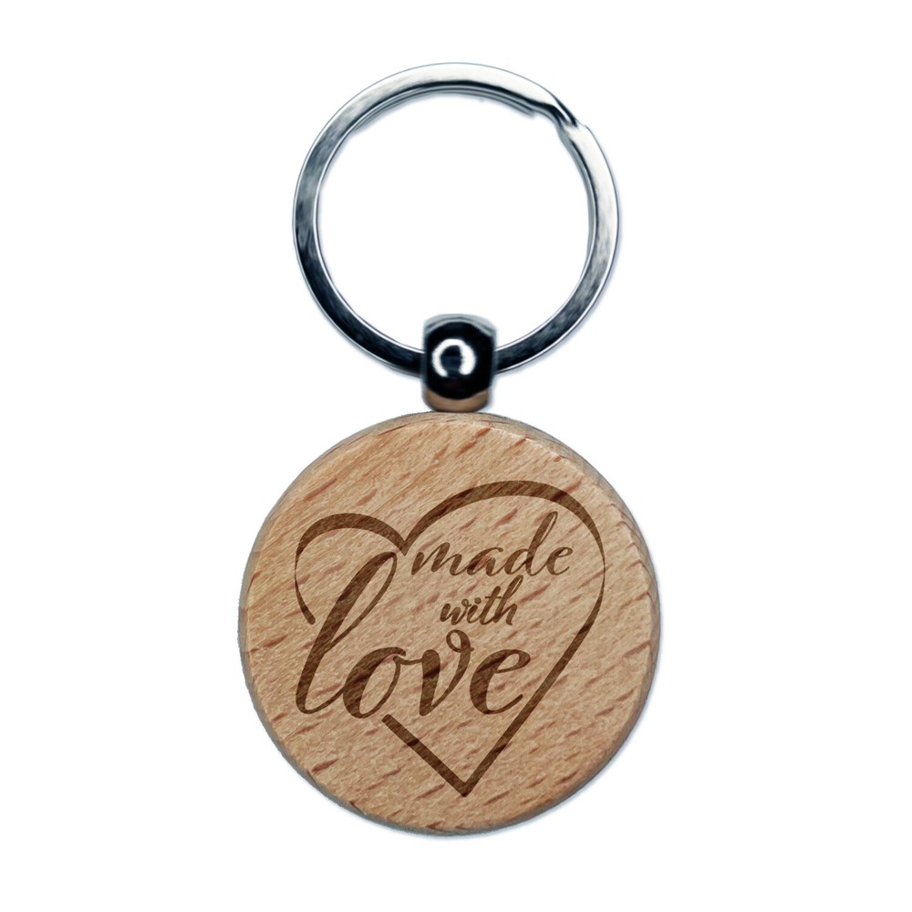 Made with Love in Heart Engraved Wood Round Keychain Tag Charm