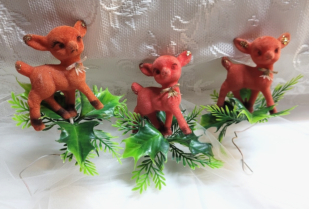 Vintage Kitsch Fawn Baby Deer Red Flocked MCM Ornaments Set of 3 w/Greenery 4