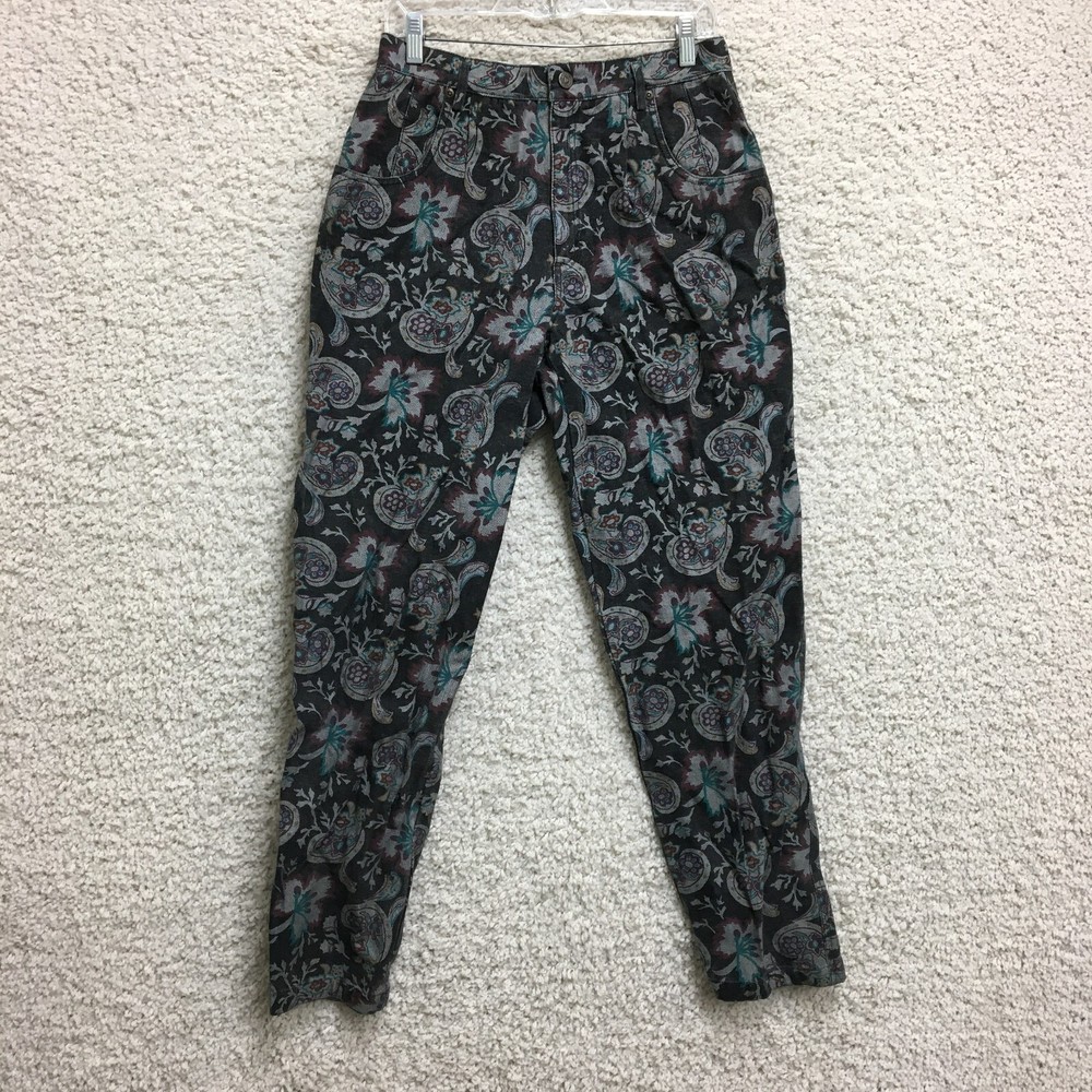 VINTAGE Lizwear Jeans 12 Womens Black Denim Pleated Mom Paisley Floral Tapered