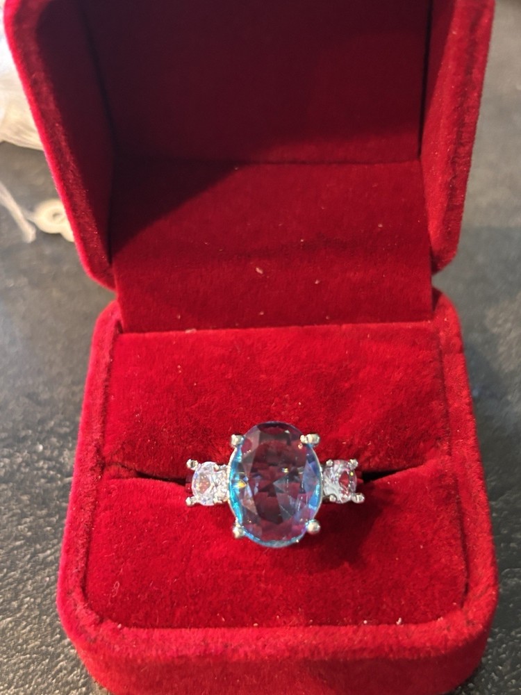 White Gold Ring Oval Blue Topaz Diamond Accent Prong Setting lab diamonds Size 8