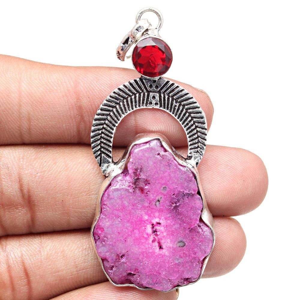 Pink Slice Drusy Gemstone Pendant Handmade Sterling Silver Necklace 2.75 Inch  