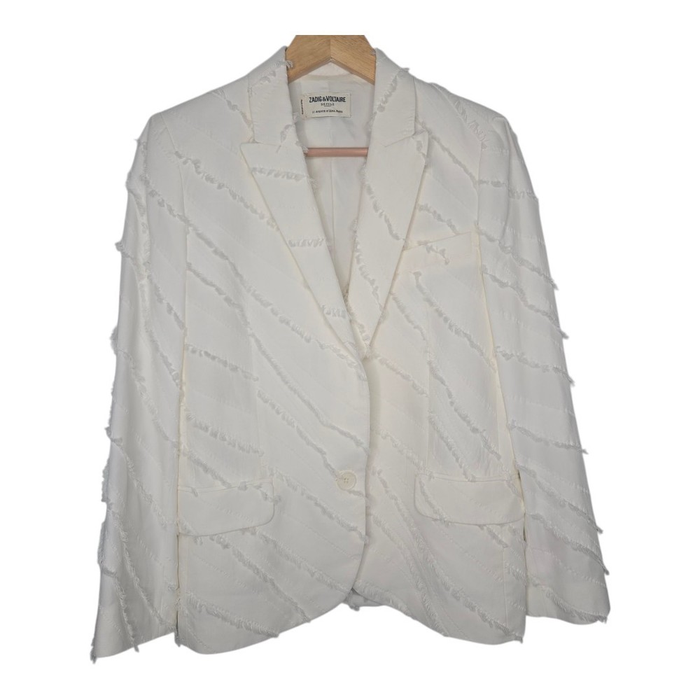 Zadig & Voltaire Womens Ivory White Luxury Viking Fringe Blazer Size 34