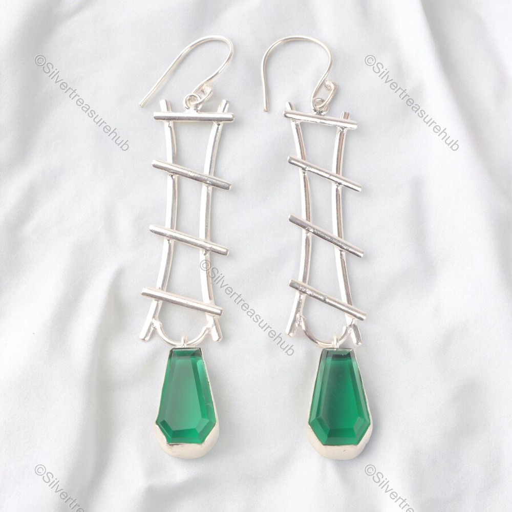 Emerald Green Sterling Silver Ethnic Drop Earrings for Daughter