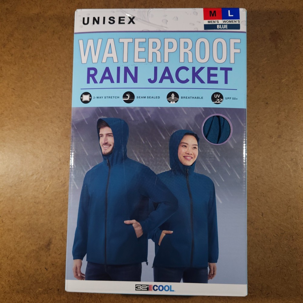 32 Degrees Cool Waterproof Rain Jacket Unisex Blue Mens Medium Women Large