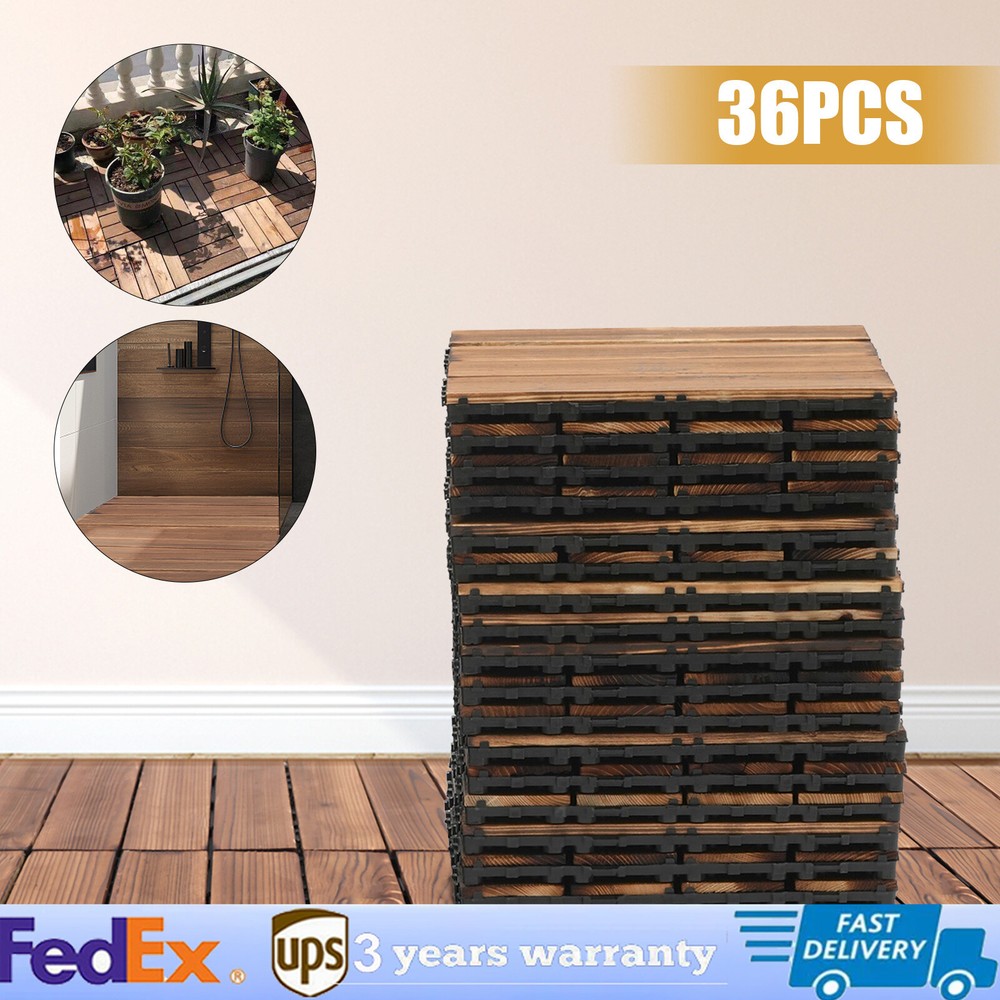 36Pcs Hardwood Interlocking Patio Deck Tiles Wood Flooring DIY Outdoor 12''x12''