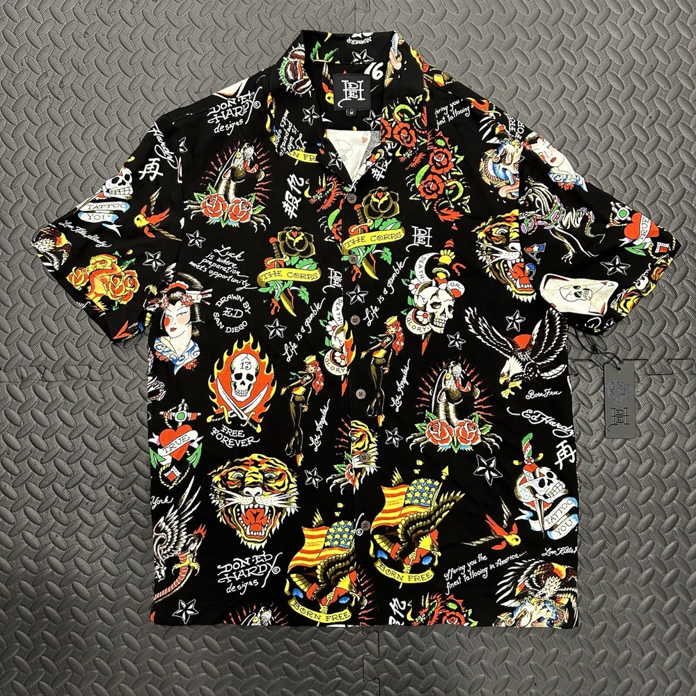 Ed Hardy Shirt Button Up Mens Medium All Over Graphic Tattoo Black NEW