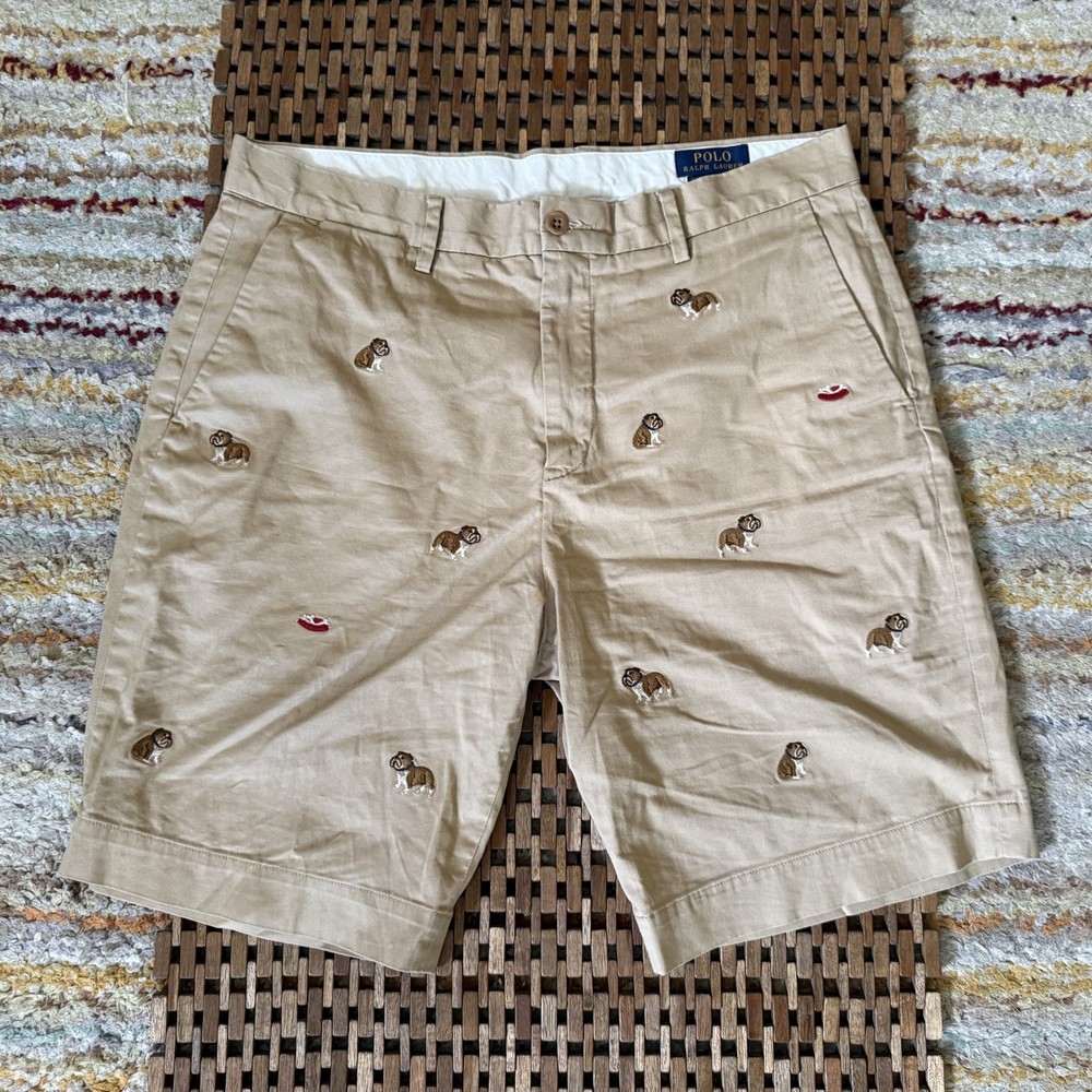 Polo Ralph Lauren Bulldog Embroidered All Over Print Chino Shorts Khaki Men's 33