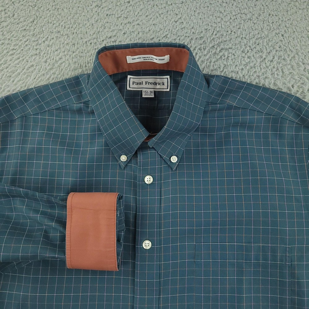 Paul Fredrick Dress Shirt Mens 15.5 Blue Check Slim Fit Pocket Flip Cuff