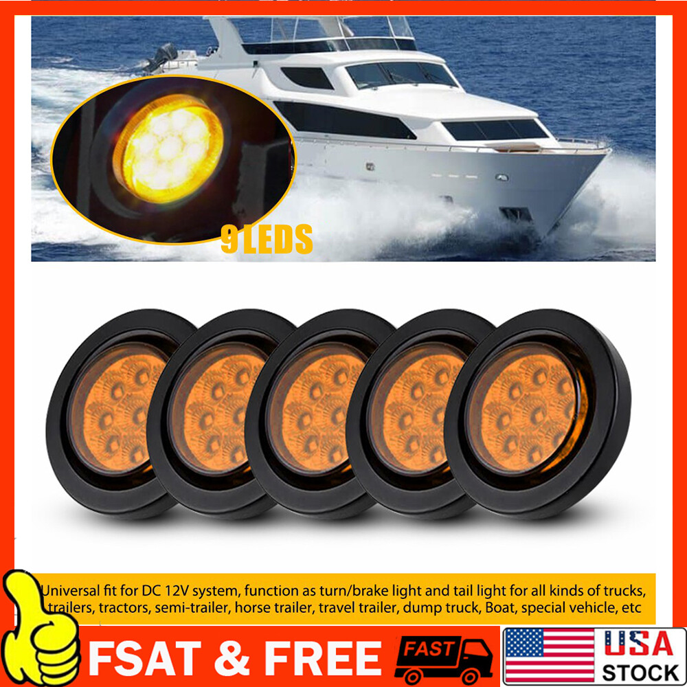 5-Piece Set of 2-Inch 9-LED Amber Round Clearance Side Marker Lights for Trucks and Trailers – 12V Waterproof and Durable Lamps for Enhanced Visibility and Safety
