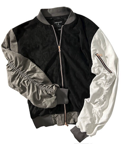 LIFTED ANCHORS Mens L Bird Bomber Jacket Black/White/Charcoal Faux Suede - Lined