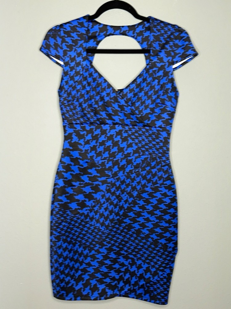 Guess Women's Emily Blue Black Houndstooth Bodycon Dress for a Sleek and Stylish Look