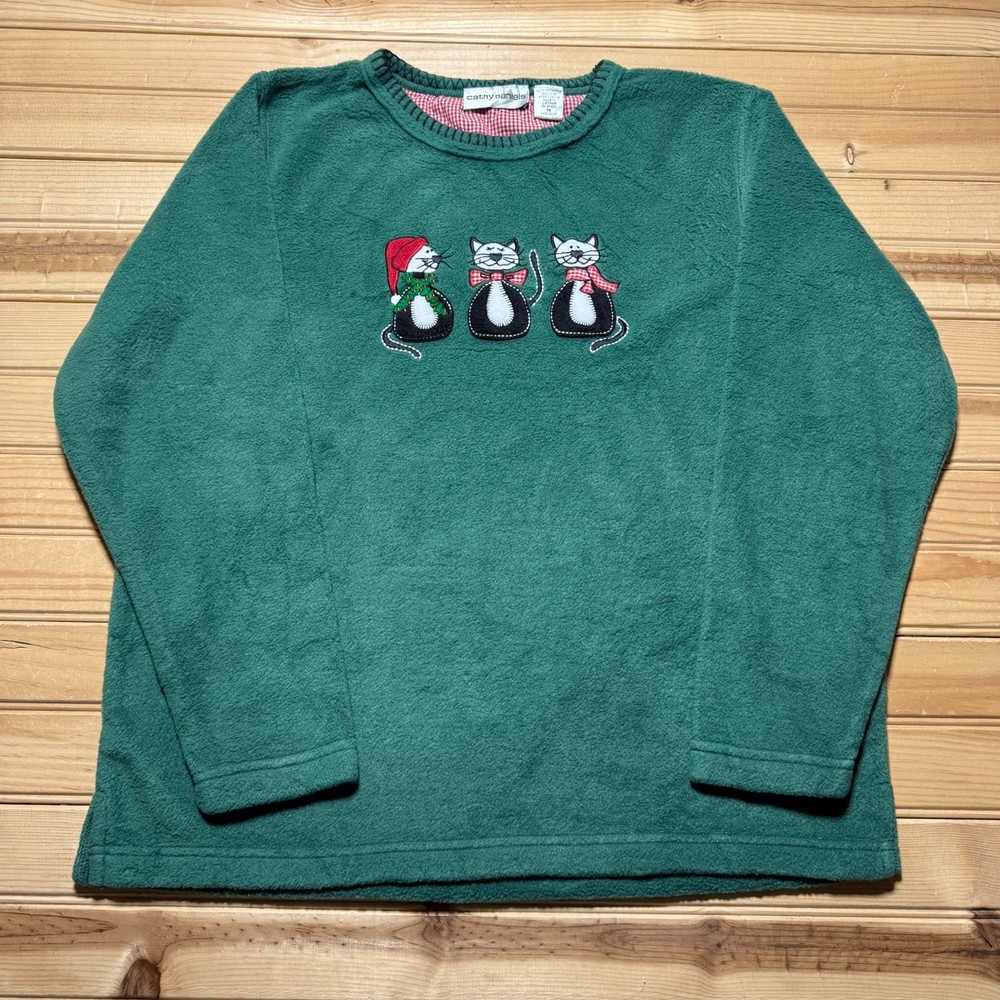 Vintage 90s Christmas Holiday Cats Embroidered Fleece Pullover Sweatshirt Medium