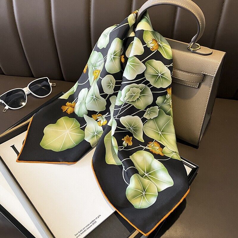 Pure Twill Silk Shawl Scarf Leaves Print Hand Rolled Collar Necktie 70cm Green