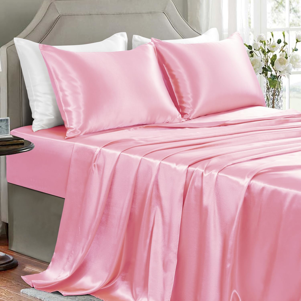 Luxury Light Pink Satin Queen Bed Sheets Set - 4 Pieces, Wrinkle-Free