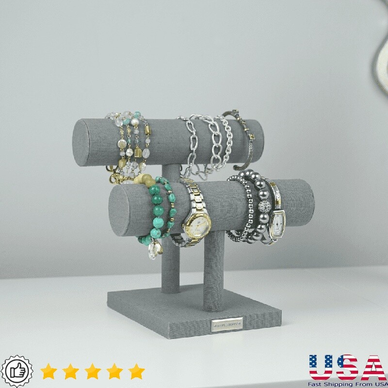 2-Tier Grey Linen Bracelet Organizer Elegant Storage Women Jewelry Collection US