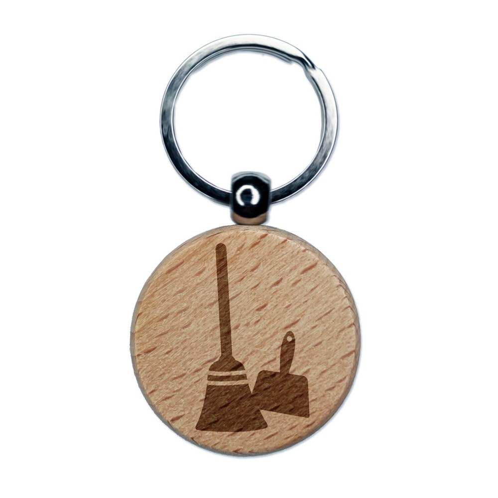Broom and Dustpan Cleaning Engraved Wood Round Keychain Tag Charm