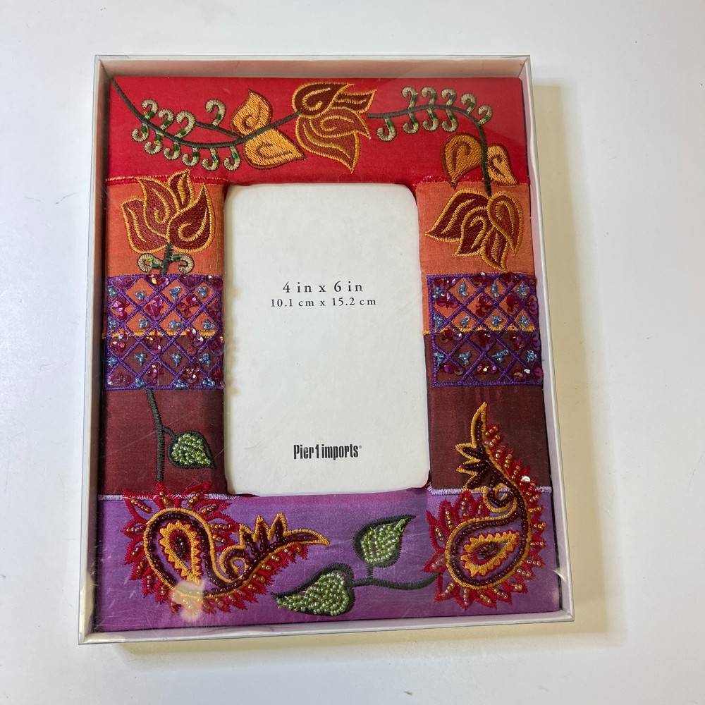 Pier 1 Imports Embroidered Lot of 2 Fabric Paisley Floral Frame w/ Beads 4x6
