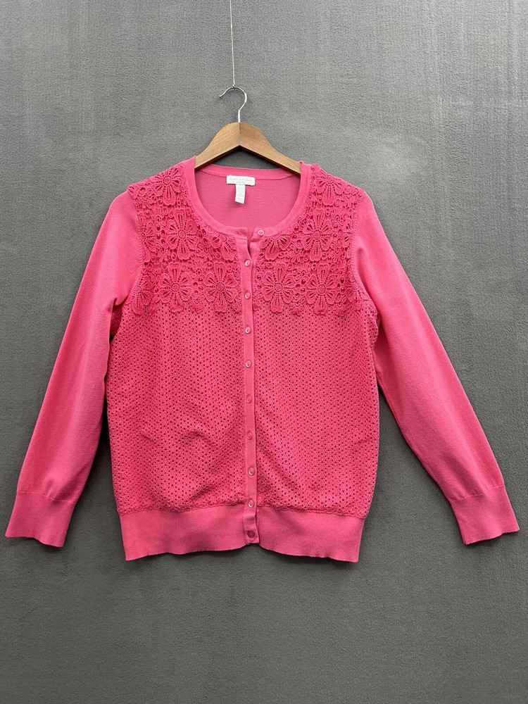 Charter Club Women’s 1X Cardigan Pink Sweater Floral Lace Overlay