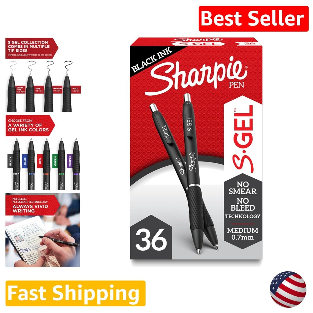 Medium Point Gel Pens - Black Ink - 36 Count - No Smear, No Bleed Technology