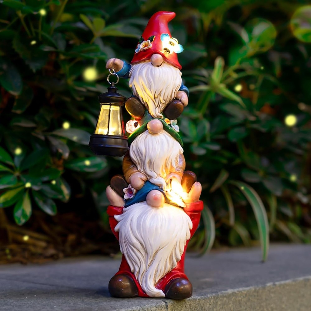 Solar-Powered Triple Gnome Garden Statue with LED Lights