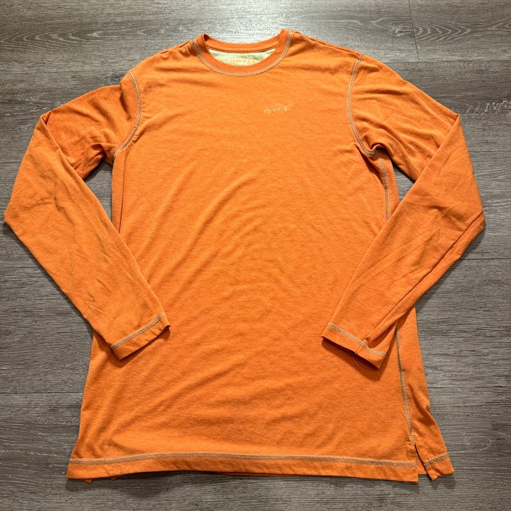 Orvis Shirt Mens Small Orange Trout Bum Long Sleeve Crew Neck Base Layer Adult