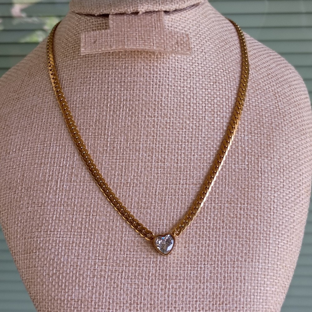 Herringbone Necklace with Heart Solitaire Pendant CZ Gold Plated Stainless Steel