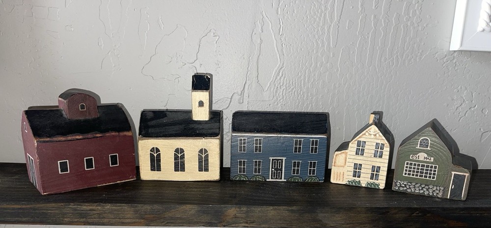 Primitive Mini Buildings Block Wooden House Church Village Folk Art Lot Of 5