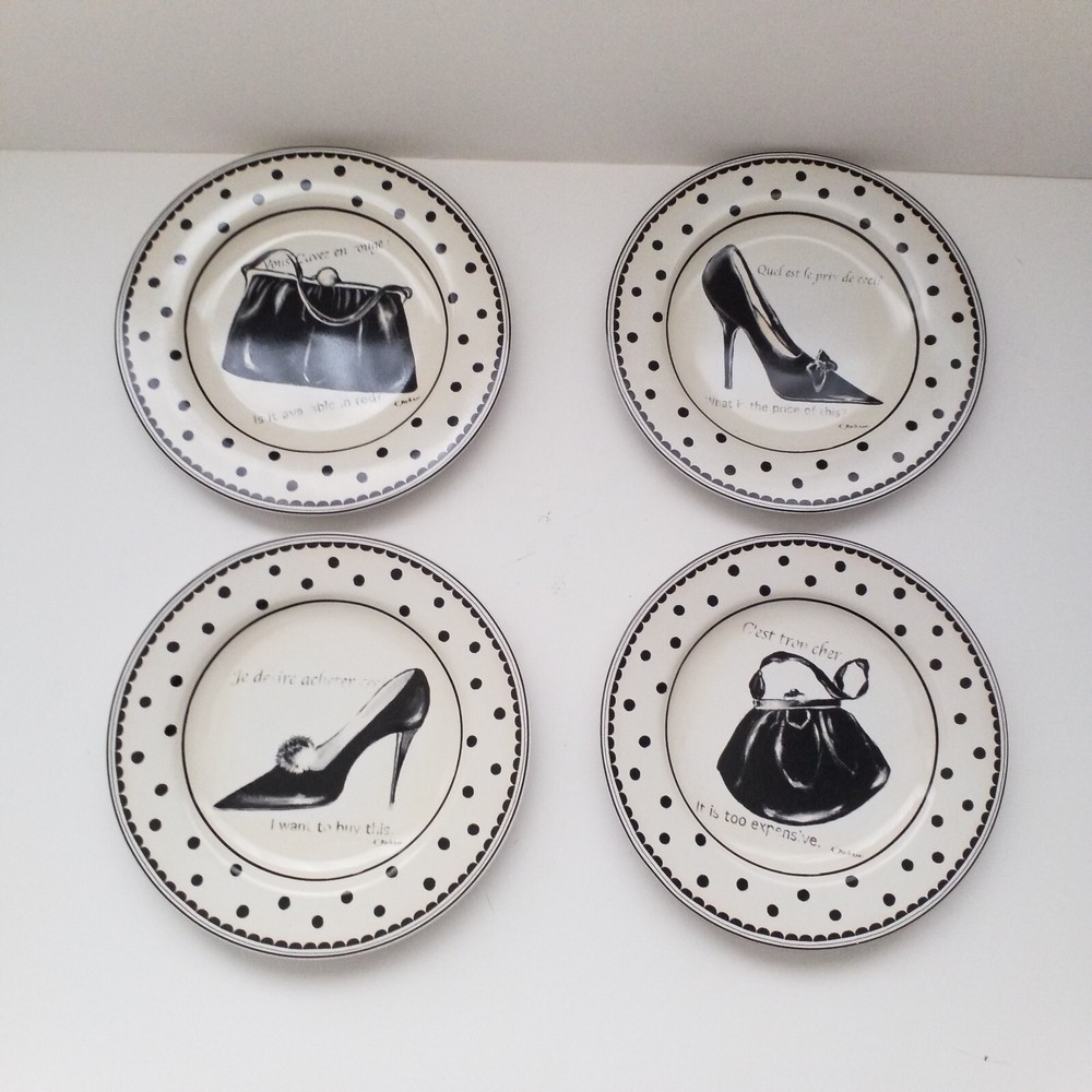 Sakura Mademoiselle Black Polka Dot & White Shoes & Purses Salad Plates (4)