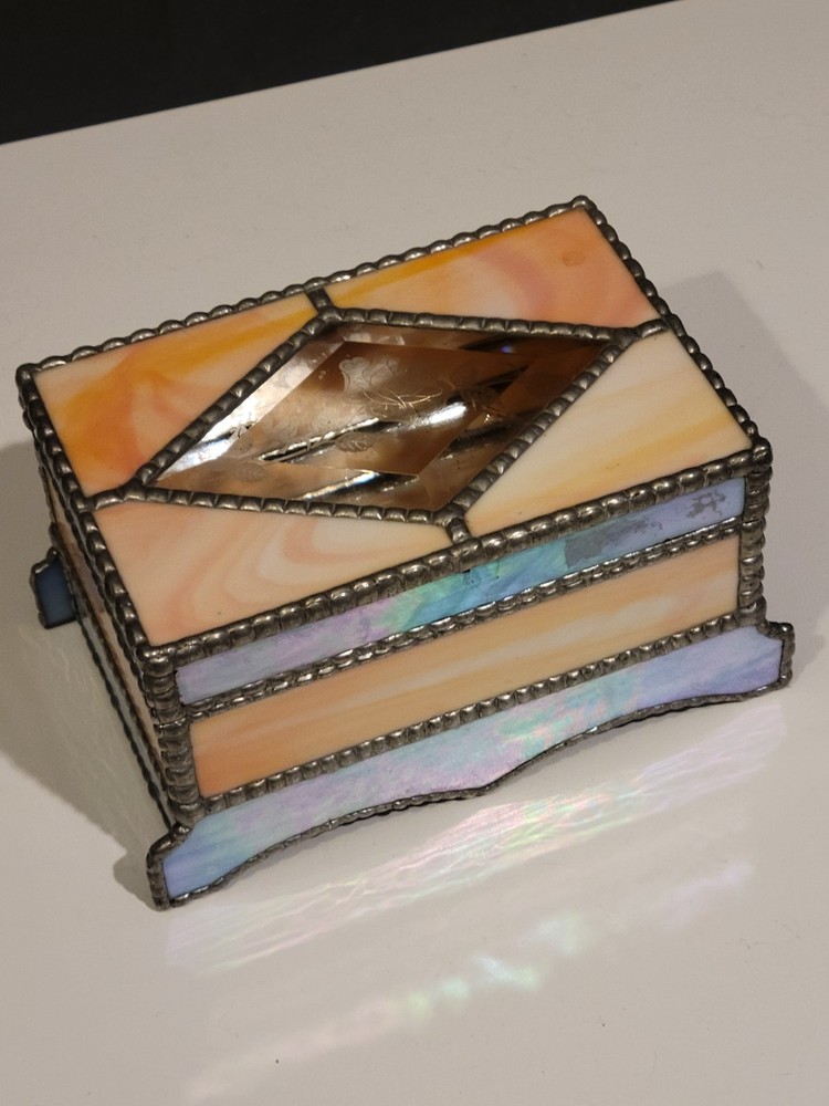 Vintage Stained Glass Jewelry Trinket Box mirror bottom