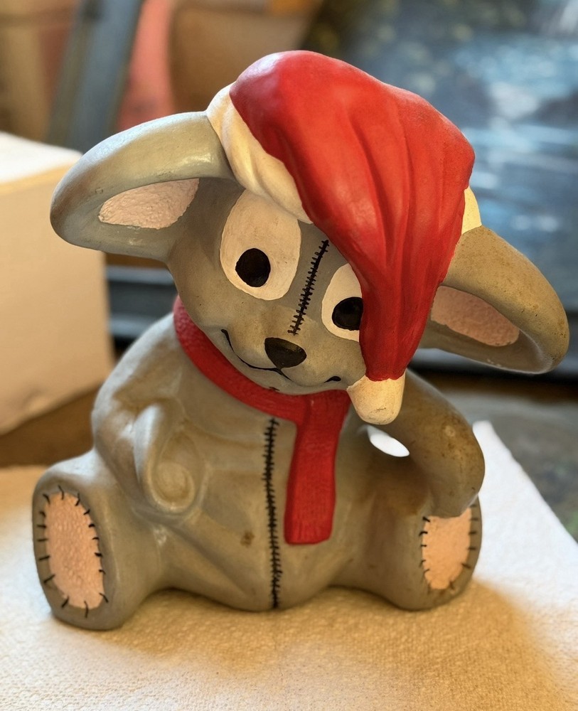 Vintage Christmas Mouse Figurine Santa Hat Red Scarf Hand Painted Holiday