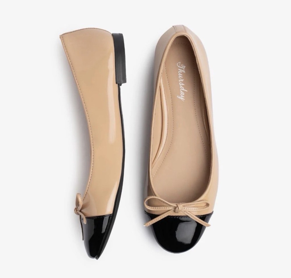 Thursday Women's Beige Black Bow Cap Toe Ballet Flats Square Toe